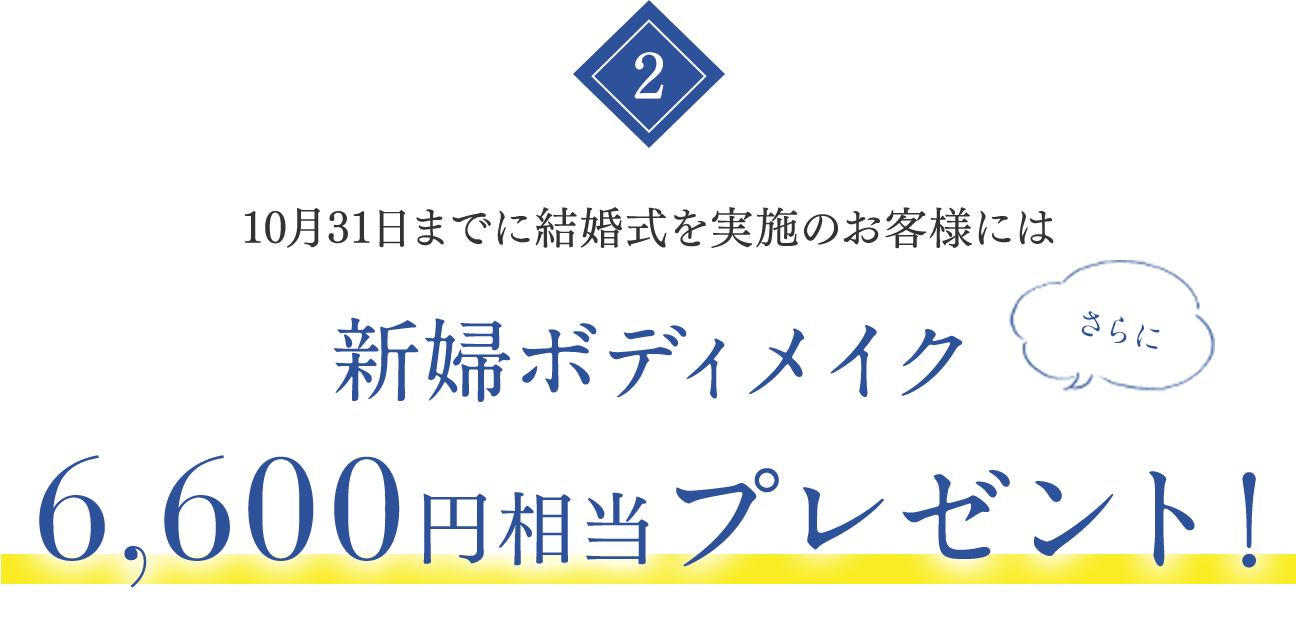 10月31日までに結婚式を実施のお客様にはさらに新婦ボディメイク6,600円相当プレゼント!