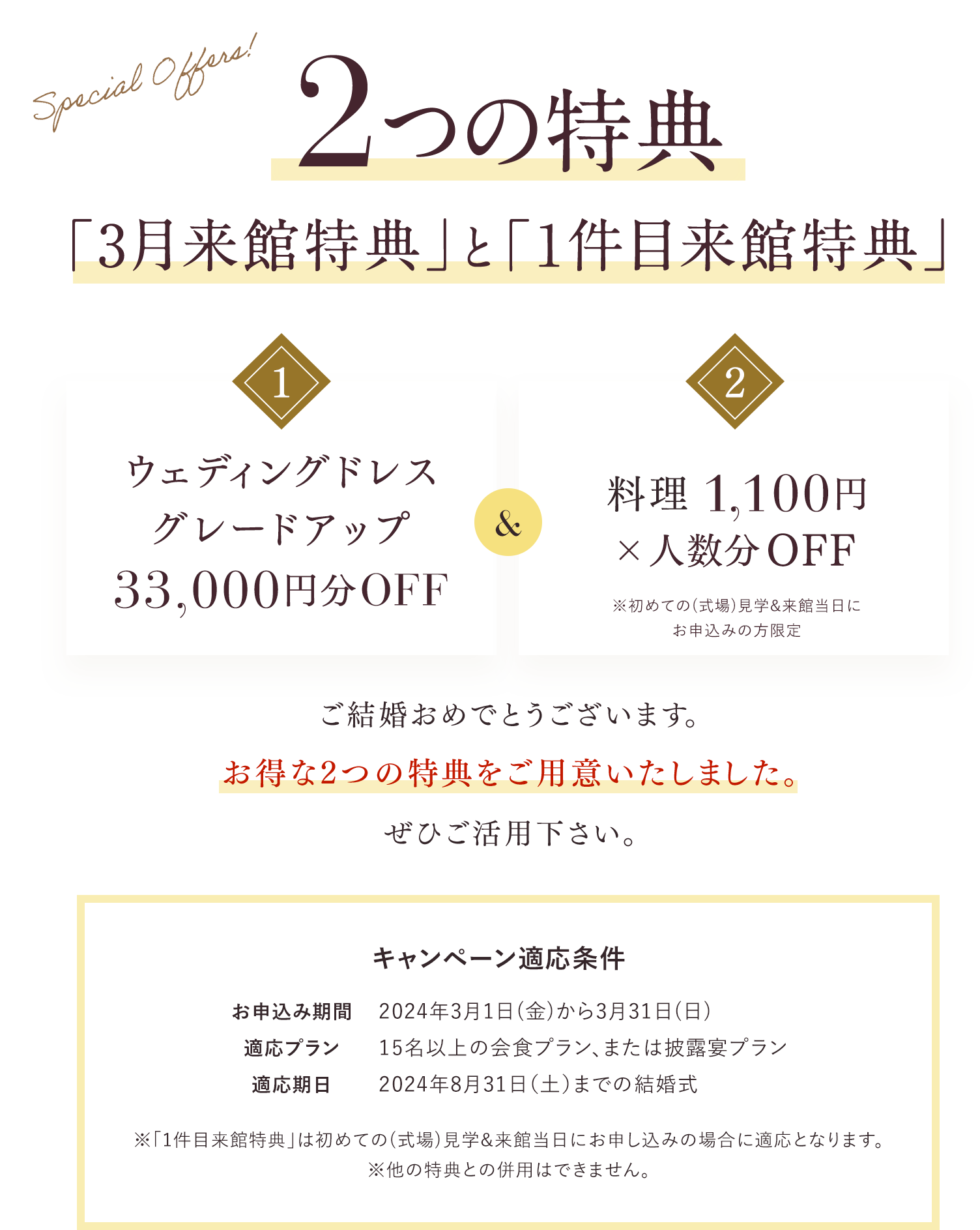 2つの特典「3月来館特典」と「1件目来館特典」